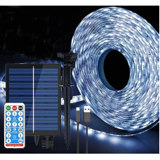 Solar LED Strip, 8 Modes Solar Fairy Lights Outdoor 32.8 ft 240 LED Strip Dimmable Light Strips with Remote Control Waterproof Christmas Decoration Lights for Garden Yard Party (White)