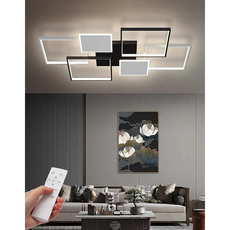 LED lubų apšvietimas Modernūs stačiakampiai lubų šviestuvai gyvenamajam kambariui Dimmable su nuotolinio valdymo pulteliu Flush Mount lubų šviestuvas gyvenamajam kambariui Miegamasis Salonas (juoda, 110 cm)