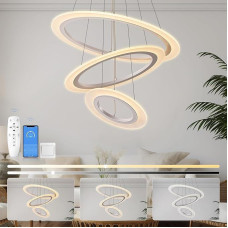 KSIBNW LED Pendant Lamp Dining Table 3 Rings Pendant Light Dimmable Modern Pendant Lights Living Room with Remote Control & App Height Adjustable Acrylic Aluminium Pendant Lamp Bedroom 2700 K - 6500 K, White