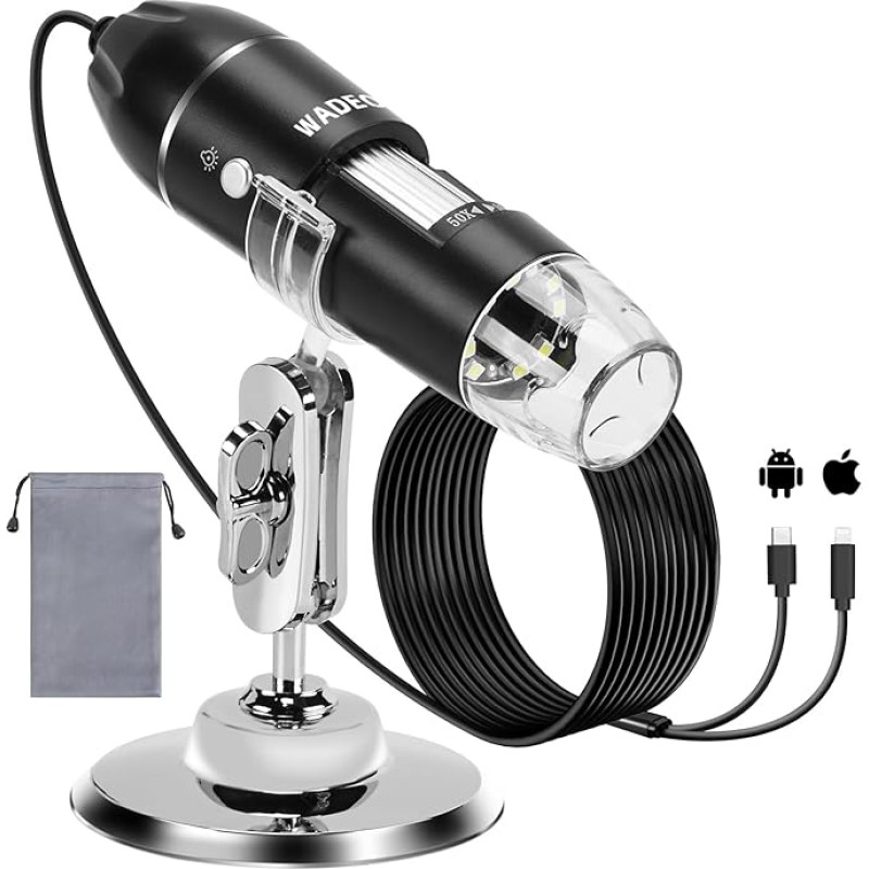 WADEO skaitmeninis mikroskopas, USB mikroskopas 1440P HD su 50X-1600X didinimu, nešiojamoji tikrinimo kamera, belaidis WiFi, laidinis rankinis mikroskopas su 8 šviesos diodais ir stovu, suderinamas su 