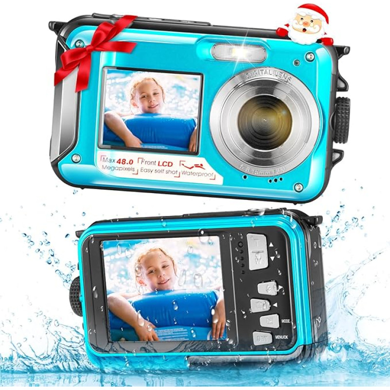 Waterproof Digital Camera, 2.7K HD 48MP Underwater Camera with Dual Display, 3M Diving Camera for Swimming, Anti-Shake 16X Digital Zoom, Blue