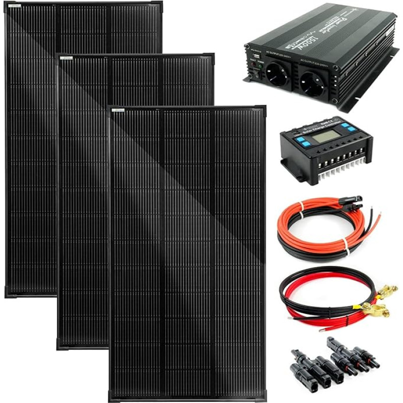 SOLARTRONICS komplektas 3 x 120 W saulės modulis 1070 x 580 x 35, NM 1500 W keitiklis + 30 A įkrovimo valdiklis + saulės kabelis + trigubas saulės kištukas Fotovoltinė Long Island sistema Motorhome