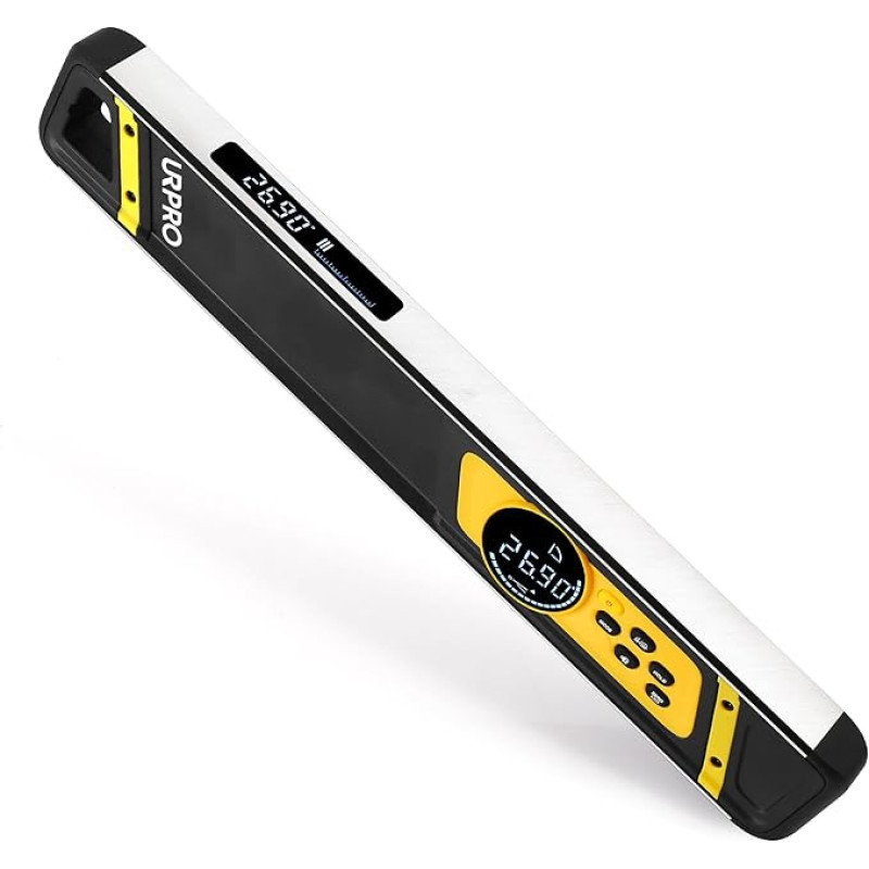 Skaitmeninis torpedinis gulsčiukas ir matuoklis, neodimio inklinometras, V formos griovelių magnetai, ryškus LCD ekranas, išmanusis gulsčiukas, IP54, atsparus dulkėms ir vandeniui, sidabrinės spalvos