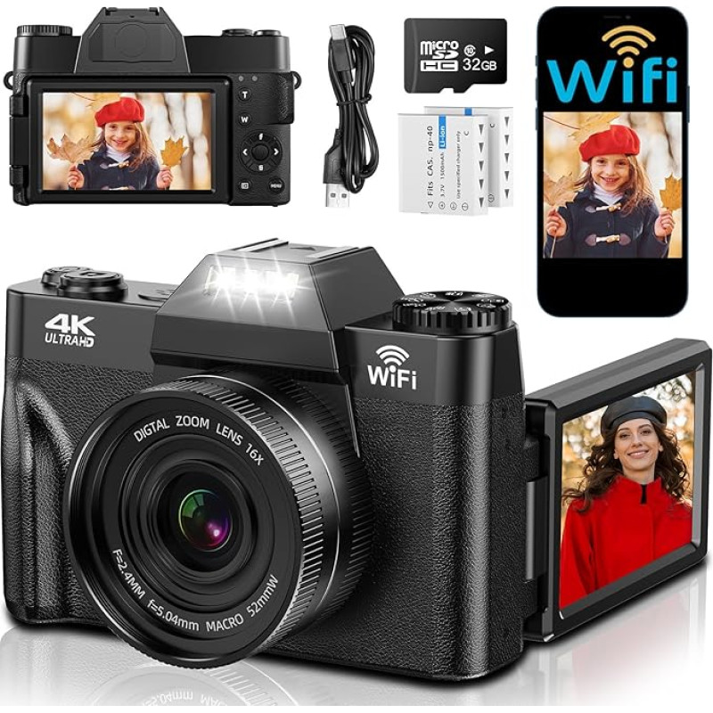 4K skaitmeninis fotoaparatas, 75MP UHD kompaktiškas fotoaparatas su WiFi - 3 colių 180 laipsnių automatinio fokusavimo įkraunama vaizdo kamera su 32GB kortele ir 2 baterijomis, 16x skaitmeninis priartinimas vaikams pradedantiesiems paaugliams