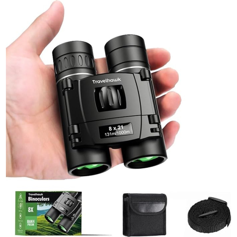 8x21 FMC žiūronai - lauko žiūronai nešiojantiems akinius, suaugusiesiems ir vaikams, BAK4 prizmės, atsparūs vandeniui, skirti paukščių stebėjimui, medžioklei, kelionėms ir safariui - su dėklu ir nešiojimo dirželiu