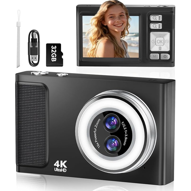 Skaitmeninis fotoaparatas, JDZ 4K fotoaparatas Foto kamera 16X, skaitmeniniai fotoaparatai 1080P, kompaktiškas fotoaparatas su 32GB TF kortele, skaitmeninis fotoaparatas, foto kamera vaikams, paaugliams, gimtadieniui, Kalėdoms (juoda)