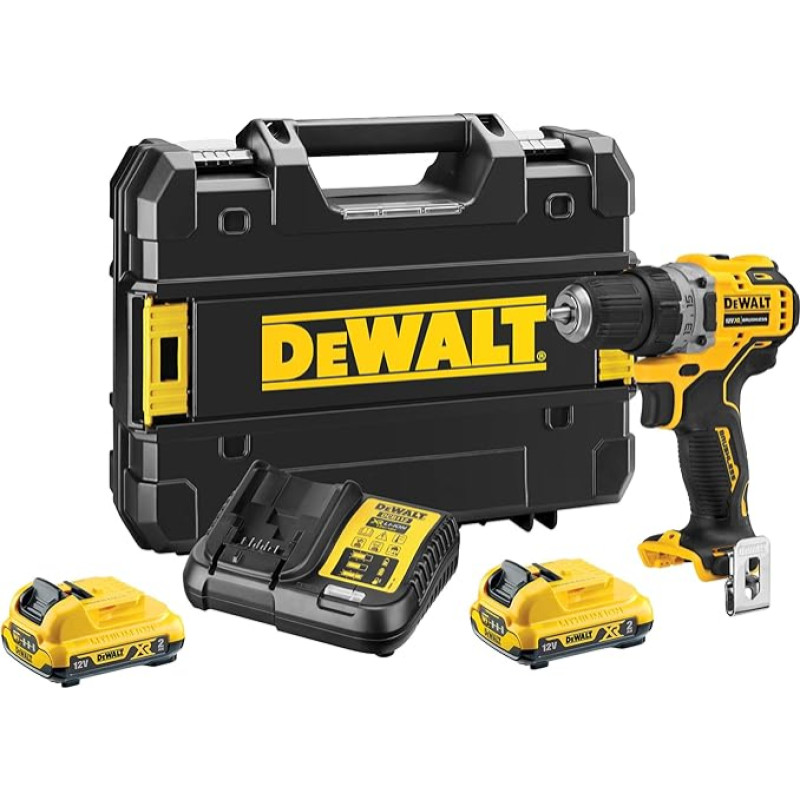 DEWALT 12 V XR bešepetėlinis akumuliatorinis gręžtuvas su 2x 2Ah ličio jonų akumuliatoriumi, 2A įkrovikliu, diržo spaustuku, T-STAK dėžute, DCD701D2-QW