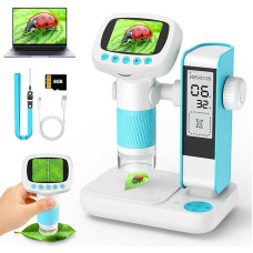 Skaitmeninis mikroskopas vaikams su žadintuvu, nešiojamasis vaikiškas mikroskopas su 1000 kartų padidinimu, 2 colių ekranu, 8 GB kortele, nuotraukų ir vaizdo įrašų įrašymu, dovana nuo 3 metų (mėlyna/balta)