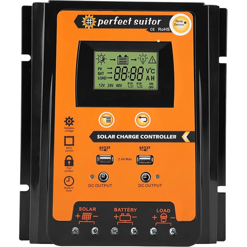 Saulės įkrovos valdiklis, 12 V/24 V PWM ir MPPT saulės kolektorių baterijų valdiklis, dvigubas USB LCD ekranas su trumpuoju saulės įkrovos valdikliu (70 A)