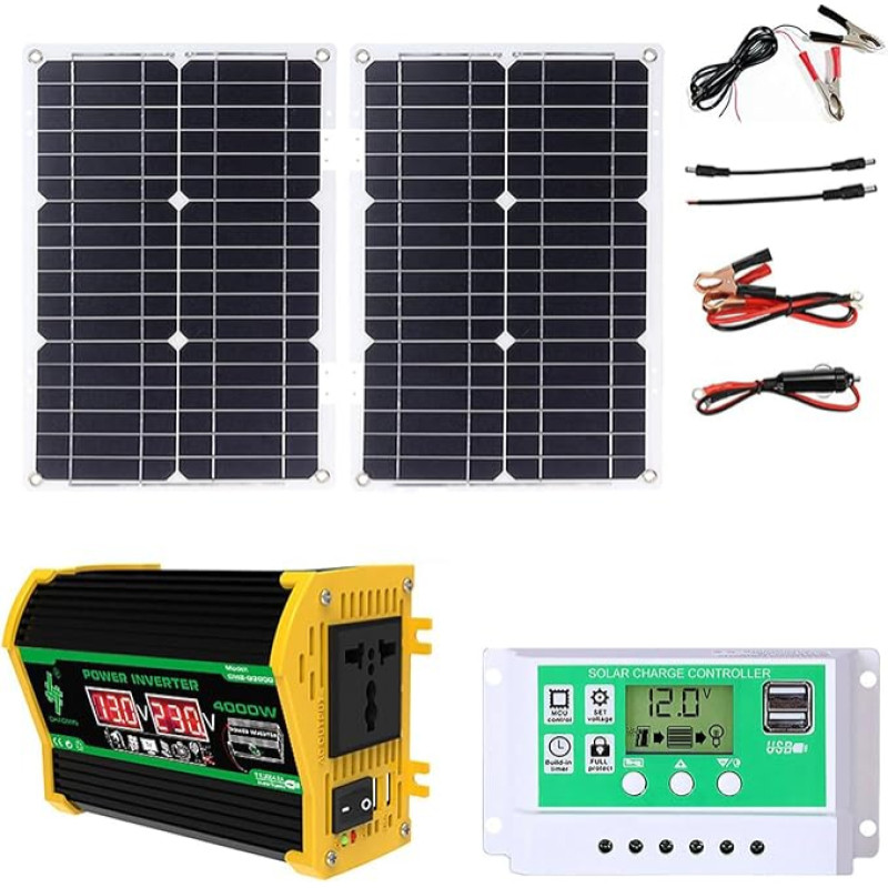 4000 W saulės kolektorių rinkinys su 50 W vandeniui atsparia plokšte ir 50 A įkrovimo valdikliu, skirtas kemperiams, namams ir valtims - dvigubos jungtys ir LED indikatorius (juodas)