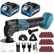 Akumuliatorinis daugiafunkcinis įrankis be šepetėlių, skirtas 2 vnt. 21 V 4,0 Ah akumuliatorių daugiafunkciniam įrankiui, 26 dalių rinkinys su papildoma rankena pjovimui, 6 kintamieji, 22000 aps/min (mėlynas su dviem 4,0 A akumuliatoriais)