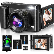 Skaitmeninis fotoaparatas, 4K 48 MP automatinio fokusavimo fotoaparatas su 32 GB atminties kortele, 16x skaitmeninis priartinimas, kompaktiškas fotoaparatas su 3,0 colių 180° sulankstomu ekranu ir įkrovikliu pradedantiesiems