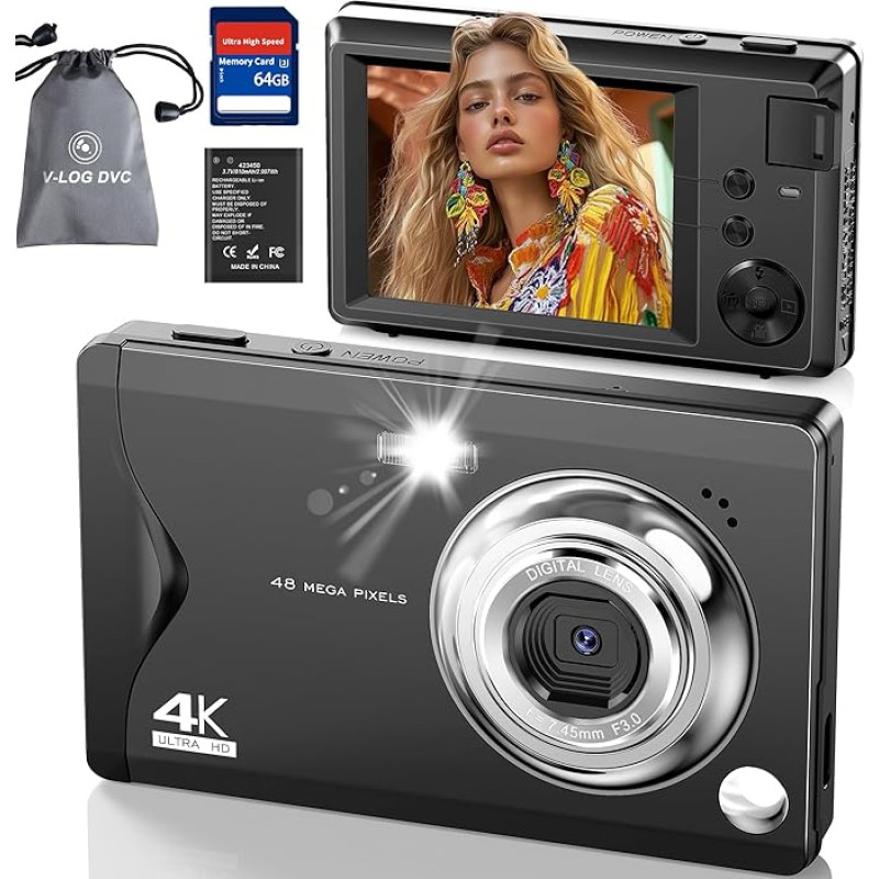 4K 64 MP skaitmeninis fotoaparatas, fotoaparatas su 32 GB SD kortele, 16X skaitmeninis priartinimas, vaizdo dienoraščio kompaktiškas fotoaparatas su USB kabeliu, nešiojamas krepšys vaikams, pradedantiesiems, paaugliams ir studentams, juodas