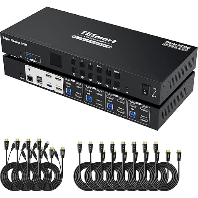 TESmart USB 3.0 4 prievadų trijų monitorių HDMI KVM jungiklis 4K@60Hz KVM jungiklis 3 monitoriai 4 kompiuteriai 3 USB 3.0 prievadai, garso išvestis, EDID emuliatorius, sparčioji klaviatūra, LAN prievadas, 4 in 3 Out KVM su kabeliais