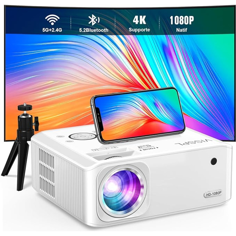 Beamer [Elektrische Keystone 6D/4P] Beamer 4K Heimkino, VISSPL Full HD 26000 Lumen 1080P WiFi Bluetooth, Beamer Handy Outdoor, PPT, ±50° Zoom, Projektor kompatibel mit TV-Box/PS5/iOS/Android-Telefon