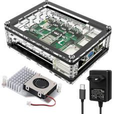 Miuzei Aviečių Pi 5 korpusas su 5 V maitinimo šaltiniu Aktyvus aušintuvas, akrilinis skaidrus Raspberry Pi 5 korpusas su 5,1 V 5A C tipo maitinimo šaltiniu, oficialus kompiuterio radiatoriaus ventiliatorius Ventiliatorius Raspberry 5 8 GB 4 GB
