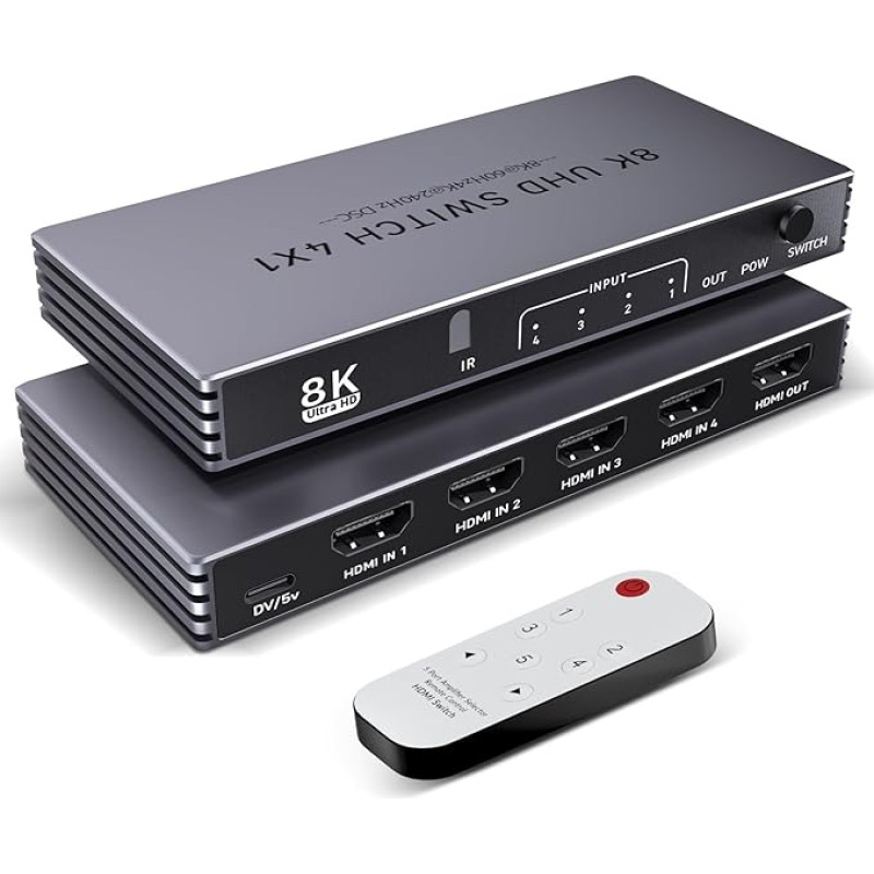 8K HDMI skirstytuvas 4K 240Hz HDMI jungiklis 4 in 1 Out - 4 prievadų jungiklis su nuotolinio valdymo pultu 8K @ 60Hz 4K @ 240Hz HDR10+ HDMI2.1 3D CEC HDR HDCP2.3, naudojamas PS5/4/3 Xbox DVD grotuvui Nintendo PC Fire Stick Apple TV
