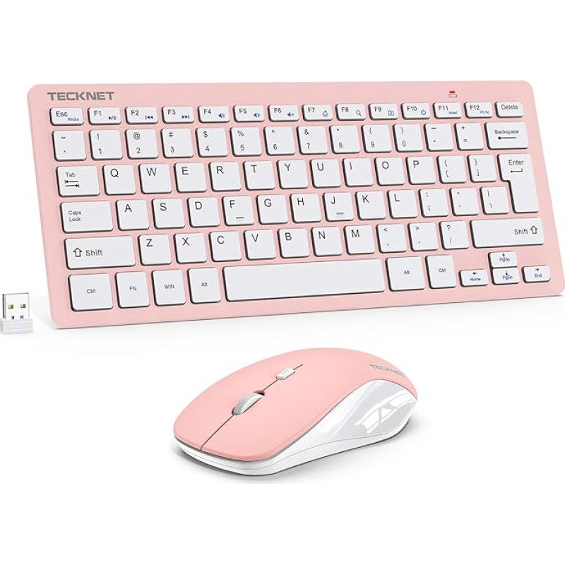 TECKNET belaidės klaviatūros ir pelės rinkinys, vokiškas QWERTZ išdėstymas, 2,4 GHz belaidė mini klaviatūros pelė, 15 m atstumas, belaidė tyli belaidė klaviatūra su pele, skirta kompiuteriui, nešiojamajam kompiuteriui, išmaniajam televizoriui, rožinė