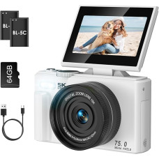 SOPPY 5K skaitmeninis fotoaparatas Foto kamera 75MP Vlogging kamera 3.0 colių 180° apverčiamas ekranas Kompaktiškas fotoaparatas su 64GB atminties kortele, 18x skaitmeninis priartinimas, mini skaitmeninis fotoaparatas berniukams mergaitėms pradedantiesiem