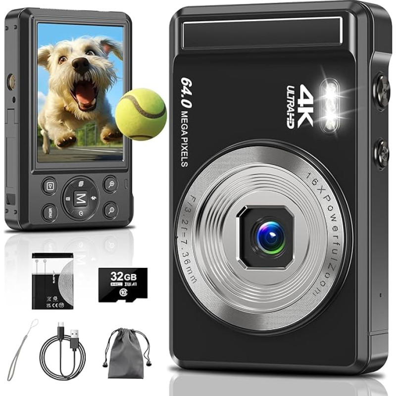 4K skaitmeninė kamera,2,8 Zoll 64MP UHD Fotokamera mit 32-GB-Karte, 1200mAh Akku, 16-facher Digitalzoom Autofokus Kompaktkamera für Kinder Anfänger Teenager