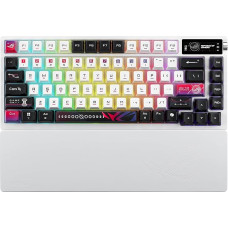 ASUS ROG Azoth X asmeninė žaidimų klaviatūra, ROG NX Snow V2 jungiklis ir smūgius sugeriančios putos, pusiau permatomi klavišų dangteliai, RGB apšvietimas, OLED ekranas, riešo atrama, balta