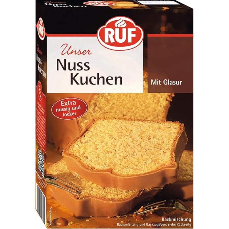 RUF Riešutų pyragas, kepimo mišinys, greitai ir lengvai paruošiamas, riešutinis ir birus su glajumi, kaip pagrindas ropiniams pyragams, veganiškas, 1 x 520 g