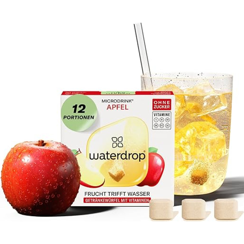 waterdrop® Microdrink Apple - 12 vandens lašelių su vaisių ir obuolių skoniu - troškulio malšinimo priemonė be cukraus, alternatyva gėrimų sirupui ir skonio milteliams - skonio lašeliai su vitaminais