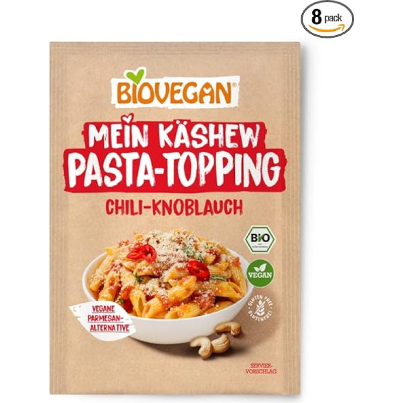 Biovegan Mein Käshew Pasta Topping, veganiškas 100 % ekologiškos kokybės parmezano pakaitalas, veganiška sūrio alternatyva, skani sūrio alternatyva iš anakardžių riešutų, 8 x 50 g (aitrioji paprika su česnaku)