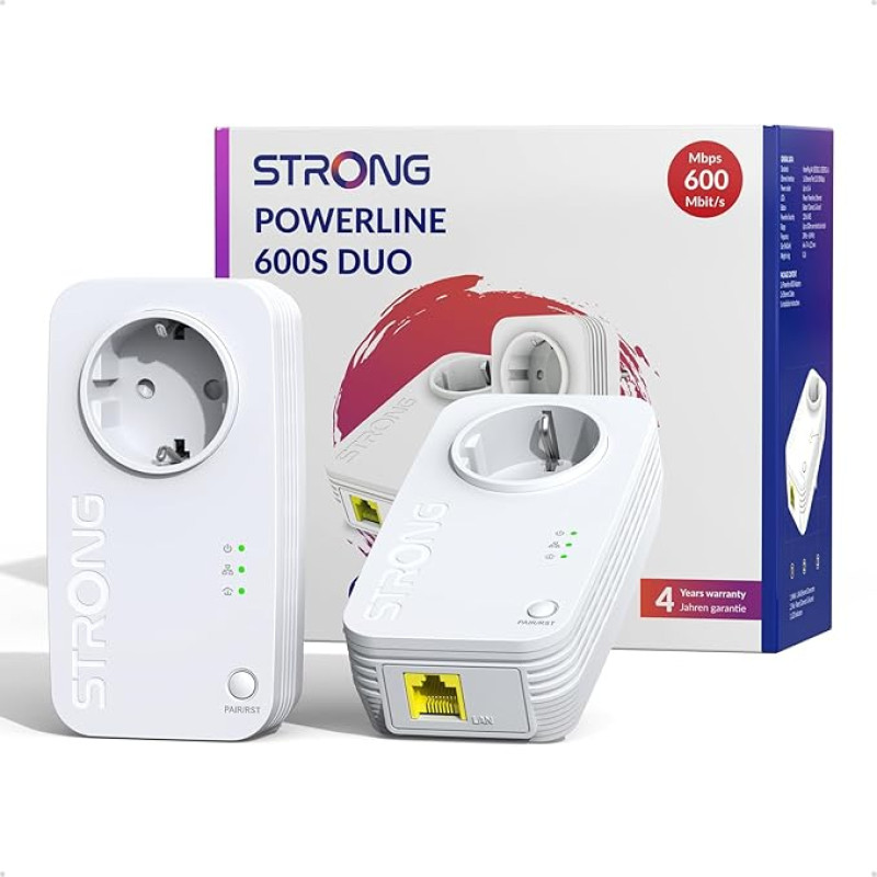 STRONG AV600 Mbps Powerline adapterio rinkinys su lizdu, HomePlug AV2 Powerline interneto stiprintuvas, 