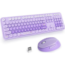 SOLIDEE belaidės klaviatūros ir pelės derinys, rašomosios mašinėlės klaviatūra, 2,4 GHz dažnio apvali klaviatūra, 104 klavišai, ergonomiška (amerikietiška QWERTY, violetinės spalvos dienoraštis)