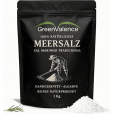 GreenValence Sal Marinho Tradicional - 100 % natūrali rupi Algarvės jūros druska, renkama rankomis, nerafinuota, turtinga mineralais, be priedų, aukščiausios kokybės druska virtuvei ir griliui (1000 g)