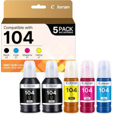 Coloran 104 Ink Compatible with Epson 104 Ecotank Multipack for ET-2710 ET-2721 ET-2711 ET-2810 ET-2714 ET-2720 ET-2870 ET-2875 ET-2820 (Black Cyan Magenta Yellow, 5 Pack)