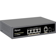 Nevaldomas PoE komutatorius su 6 prievadais, 4 PoE+ prievadais, galia 75 W, 1 Uplink ir 1 IEEE802.3af/at SFP lizdas, automatinis PD aptikimas, VLAN režimas, 6KV apsauga, lizdas