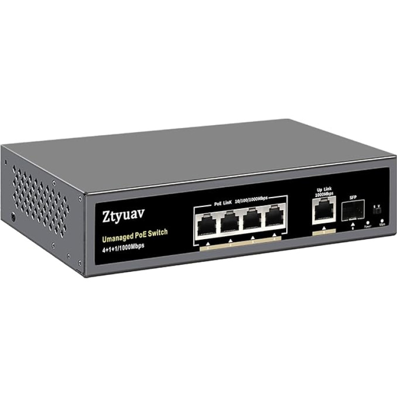 Nevaldomas PoE komutatorius su 6 prievadais, 4 PoE+ prievadais, galia 75 W, 1 Uplink ir 1 IEEE802.3af/at SFP lizdas, automatinis PD aptikimas, VLAN režimas, 6KV apsauga, lizdas