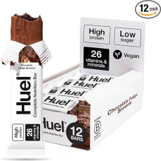 Huel Complete Nutrition Riegel 12 x 51g Riegel Chocolate Fudge Brownie High Protein Riegel Pflanzliche Proteinriegel Zuckerarm Ballaststoffreicher Snack mit veganer Schokolade unter 200 Kalorien