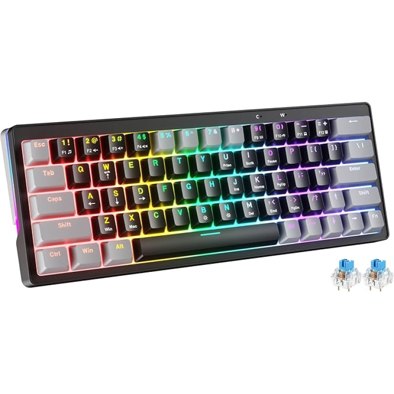 abucow 60 % mechaninė žaidimų klaviatūra, laidinė kompaktiška klaviatūra su rudos spalvos jungikliais, RGB apšvietimu, apsaugota nuo prieglobsčio, nekonfliktiška, 63 keičiami klavišų dangteliai (pilka/juoda)