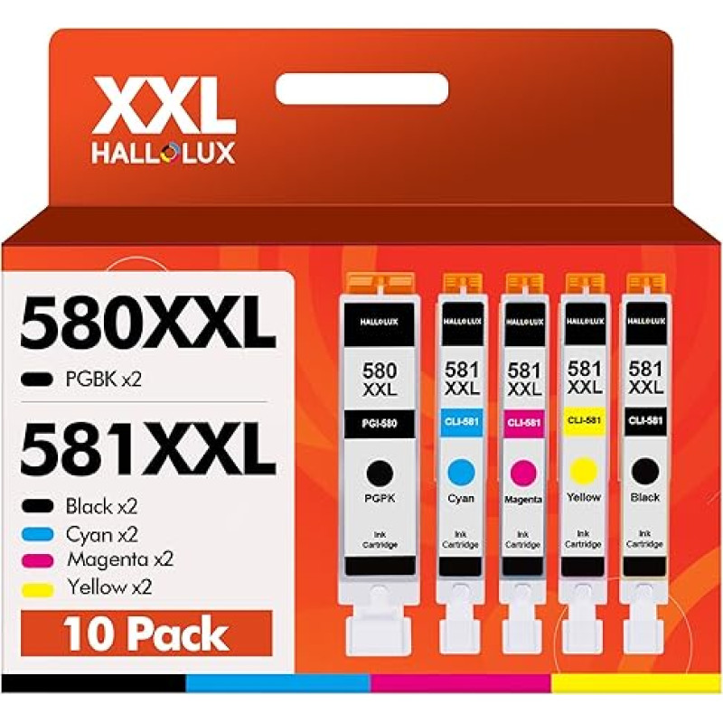 HALLOLUX PGI-580 CLI-581XXL kelių pakuočių spausdintuvų kasetės, suderinamos su Canon 580, 581, Canon TS705, TR8550, TS6150, TR7550, TS6250, TR8500, TS8251, TS6350, TS9550, TS6151, TS9551 (10 pakuočių)