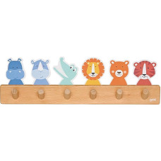 goki 60689 Wooden Coat Rack Animal Friends with 6 Hooks, 40 x 6 x 12 cm, Colourful Children's Coat Rack with Cute Animal Motifs, Hook Rack for Children's Room