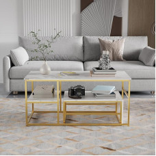 Set mit 2 rechteckigen Wohnzimmertischen: Couchtisch + Beistelltisch - Couchtisch mit Metallgestell für Wohnzimmer, modern, goldweiß