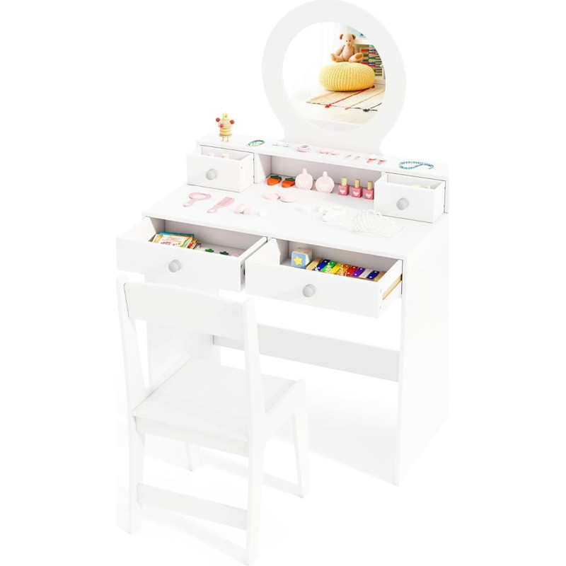 COSTWAY 2-in-1 vaikiško tualetinio staliuko rinkinys, vaikiškas tualetinis staliukas su veidrodžiu, atvira lentyna ir 4 stalčiais, princesės tualetinis staliukas su taburete, kosmetikos staliukas mergaitėms nuo 3 metų, baltas