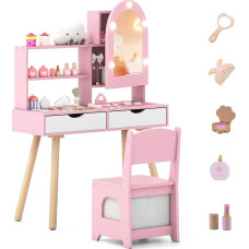 COSTWAY Vaikų tualetinio staliuko rinkinys su LED veidrodžio spintelė, princesės tualetinis staliukas su apšvietimu, 2 stalčiais, 3 kabliukais ir priedais, vaikiškas medinis makiažo staliukas mergaitėms nuo 3 metų (rožinis)