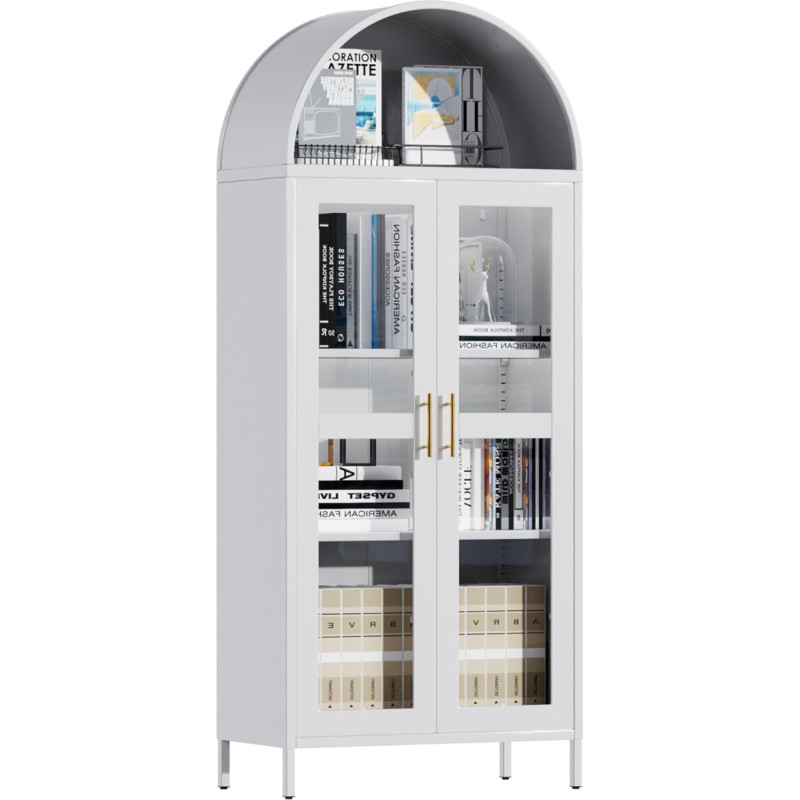 185 cm metalinė vitrina su arkiniu viršumi, 2 stiklinėmis durelėmis ir 2 lentynomis Virtuvės spintelė Stiklo vitrina svetainei, miegamajam, balta