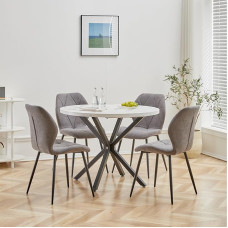 5 dalių valgomojo rinkinys, 100 cm apvalus valgomojo stalas ir 4 lininės valgomojo kėdės, valgomojo stalas ir kėdės 4 asmenims, 4 kėdės ir stalas virtuvei, valgomajam ir svetainei (balta/juoda + pilka)