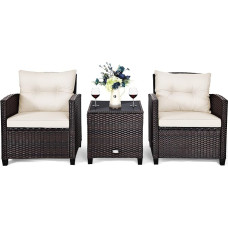 COSTWAY 3 dalių rotango sodo baldų komplektas, poliratano sėdimųjų baldų komplektas, 2 foteliai ir 1 staliukas, balkono baldai, bistro komplektas, sodo komplektas, sodo poilsio sodo komplektas su stikliniu stalviršiu ir sėdyne