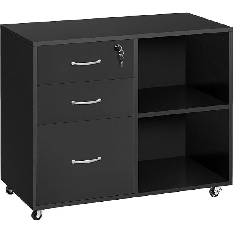 Yaheetech Roll File Cabinet Biuro spinta su 5 ratukais, 3 stalčiais ir 2 atvirais skyriais, pramoninio dizaino, skirta dokumentams, juoda