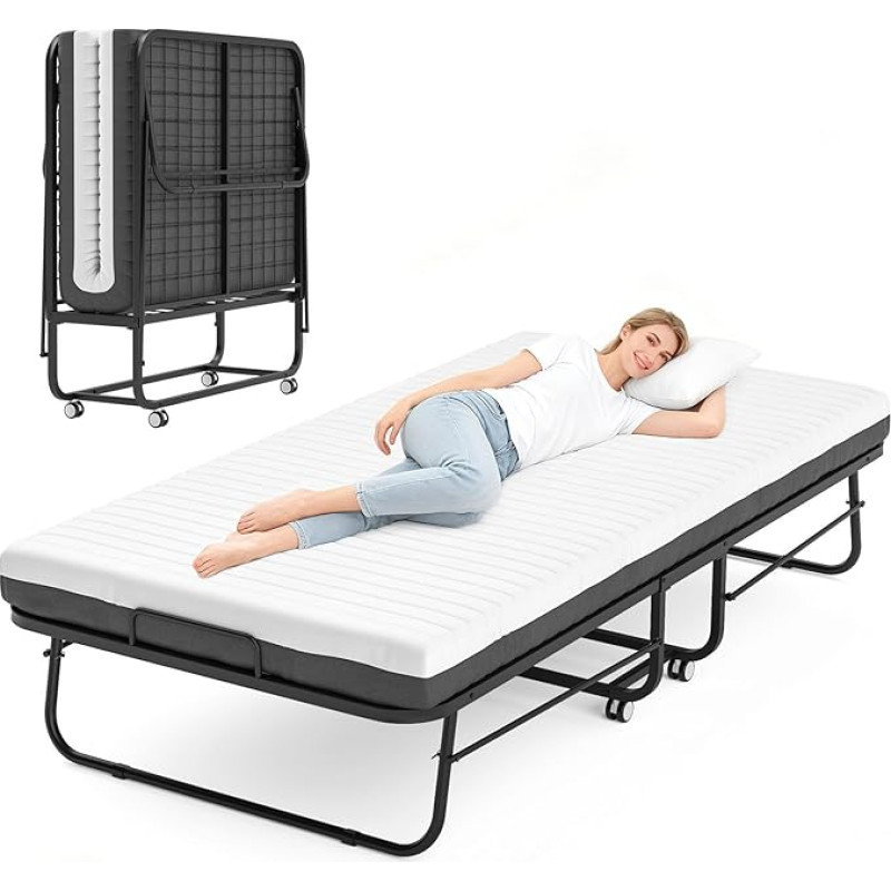 Sulankstoma lova 80 x 190 cm Suaugusiesiems su maždaug 13 cm atminties putų čiužiniu Svečių lova Sulankstomas metalinis rėmas Sulankstomos lovos su ratukais Kelioninė lova Sulankstoma metalinė lova Stabili iki 210 kg keliamoji galia