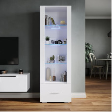 SONNI stiklinė vitrina su LED apšvietimu, juoda/balta, blizgus priekis, 4 lentynos ir 1 stalčius, stovinti vitrina, svetainės vitrina, W550 x D350 x H1720 mm