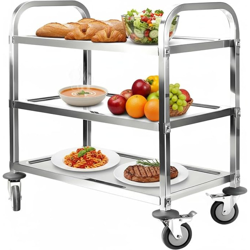 uyoyous 3 pakopų serviravimo vežimėlis Nerūdijančio plieno virtuvės vežimėlis 95 x 50 x 95 cm Nerūdijančio plieno maitinimo vežimėlis Daugiafunkcinis virtuvės vežimėlis su stabdžiu restoranui Viešbučio mokyklos virtuvei