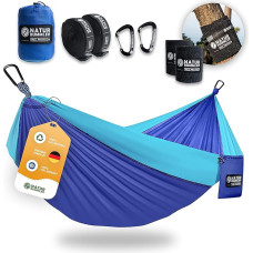 NATURBUMMLER Lauko hamakas [Tree Protec+] su apsauga nuo medžio ir tvirtinimo įtaisais - 300 x 170 cm 1-2 žmonėms - itin lengvas ir atsparus oro sąlygoms - dviejų sluoksnių lauko hamakas (Jūros mėlyna)