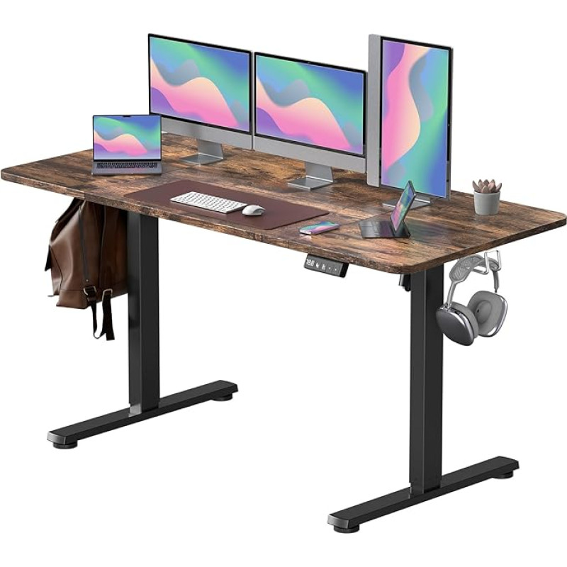 Elektrinis reguliuojamo aukščio stalas, 160 x 60 cm, reguliuojamo aukščio stalas su atminties valdymu ir apsaugos nuo susidūrimo technologija, ratukai, sujungimo lenta, juodas rėmas / rudas stalviršis